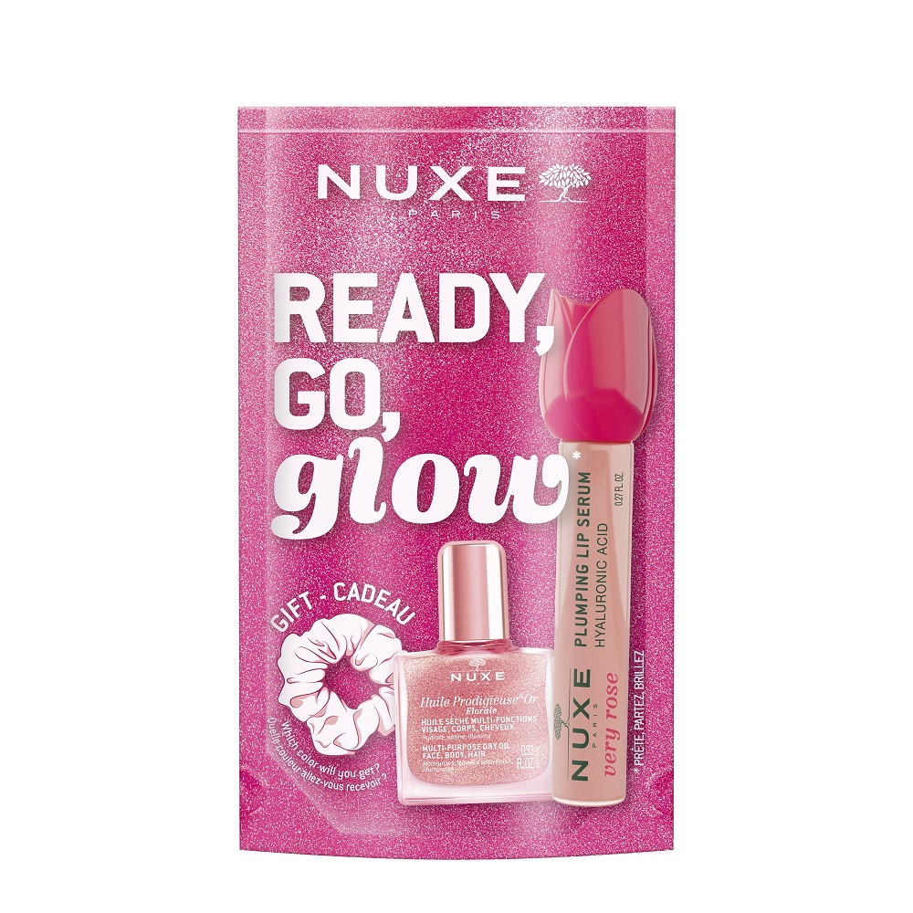 Ready Go Glow Set Sada Ready Go Glow: Regenerační Suchý Olej + Hydratační Sérum Pro Zvětšení Rtů + Gumička Do Vlasů